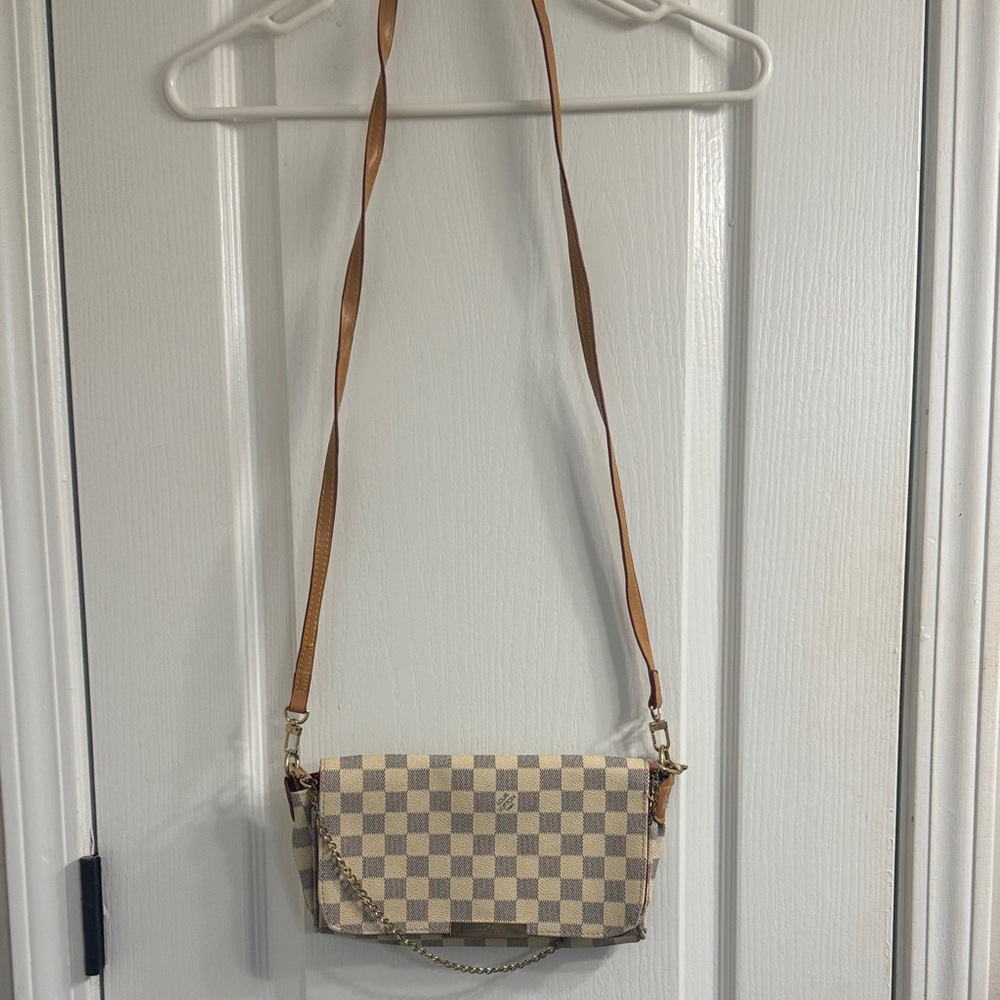 Checkered Crossbody Bag with Tan Strap